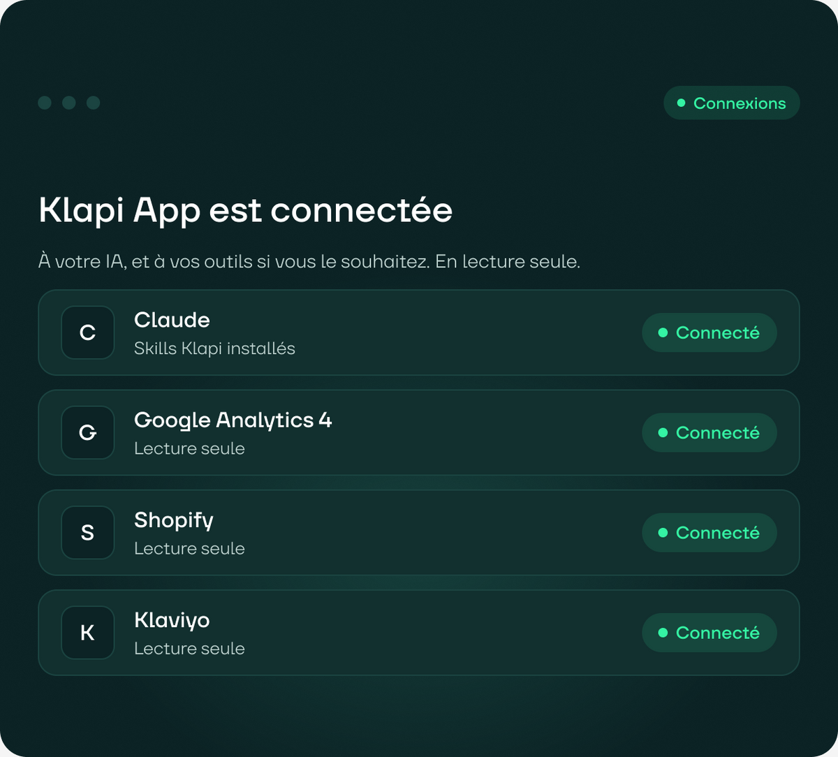 Klapi App connectée à Claude, GA4, Shopify et Klaviyo en lecture seule