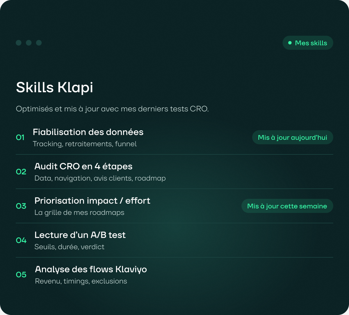 Les skills Klapi, mis à jour avec les derniers tests CRO